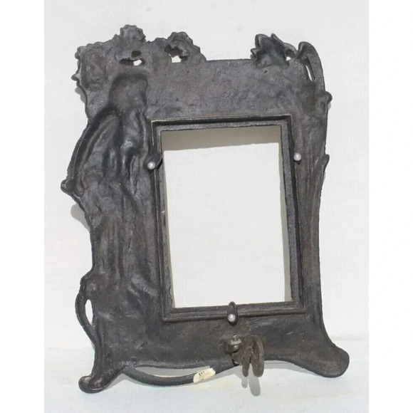 Vintage Art Nouveau Deco Metal Copper Look Picture Frame w/ Stand Lady In Garden - Picture 2 of 2